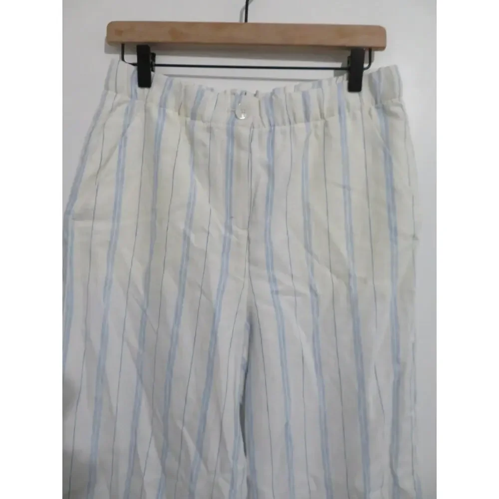 Banana Republic Women Sz S White Blue Striped Wide Leg Pants Linen Blend Style